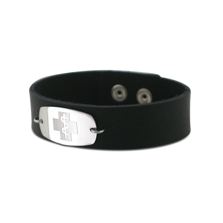 Casual Leather Wristband - Small Emblem - Snap Closure - Smooth Raging Black